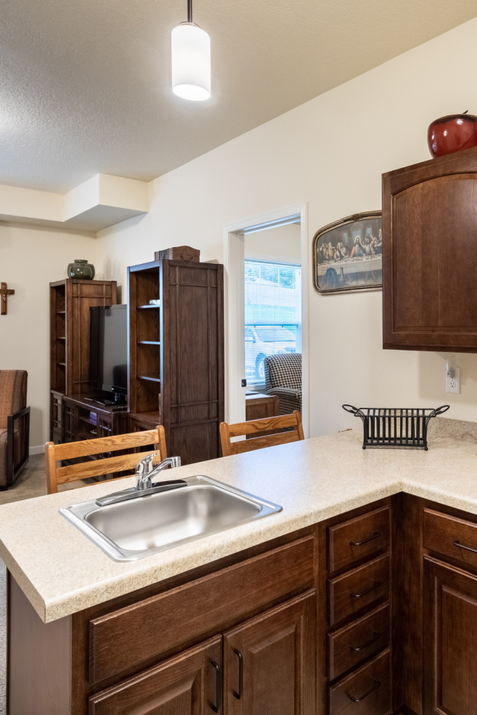 Interior view of a kitchenette with seating area