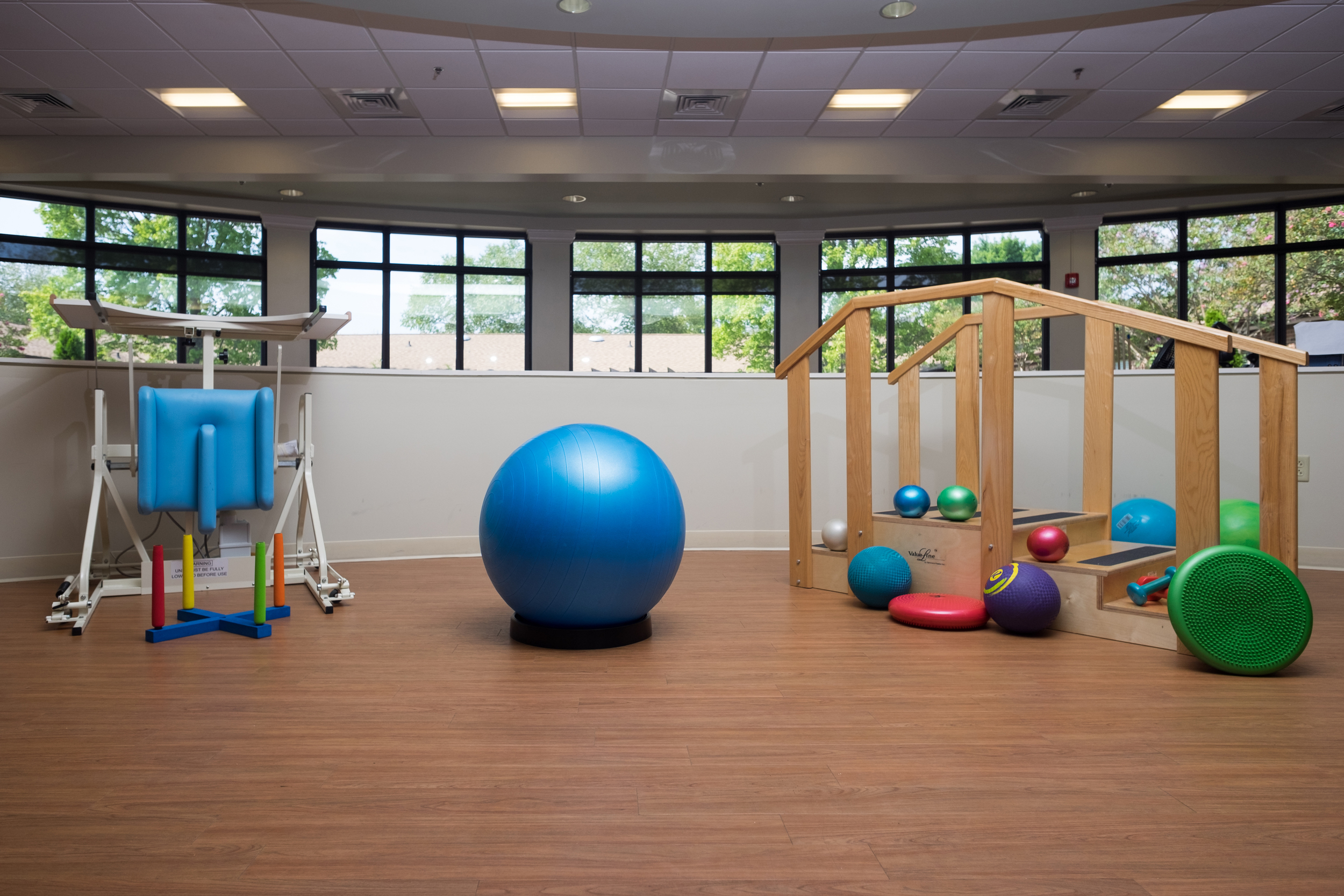 Activity room with exercise equipment and colorful therapy balls