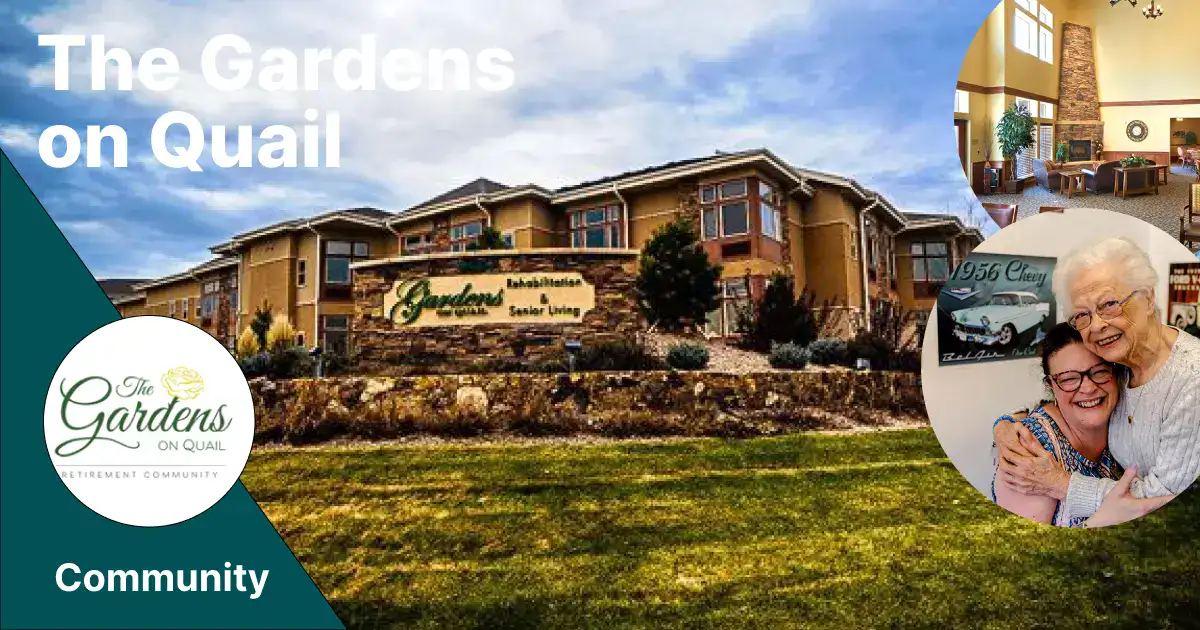 Exterior view of The Gardens on Quail Retirement Community logo