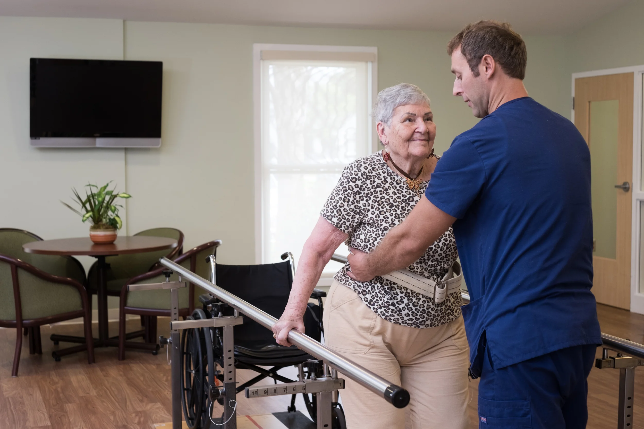 Physical therapy session in a bright activity room