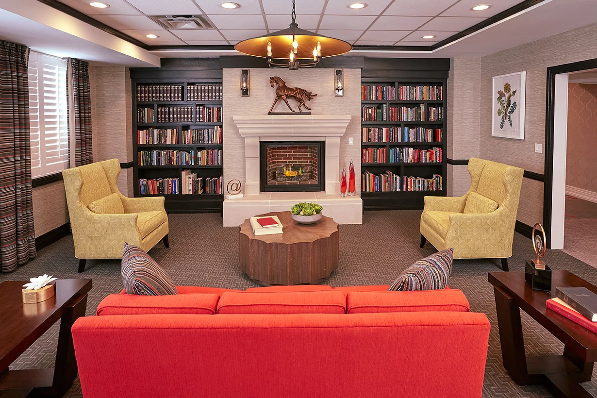 Cozy interior with a fireplace and bookshelves