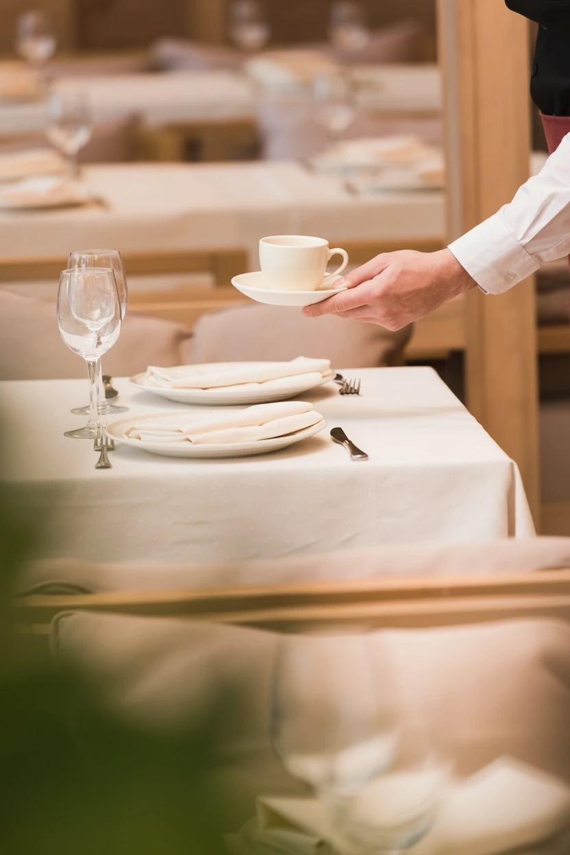Waitstaff serving coffee in a dining room