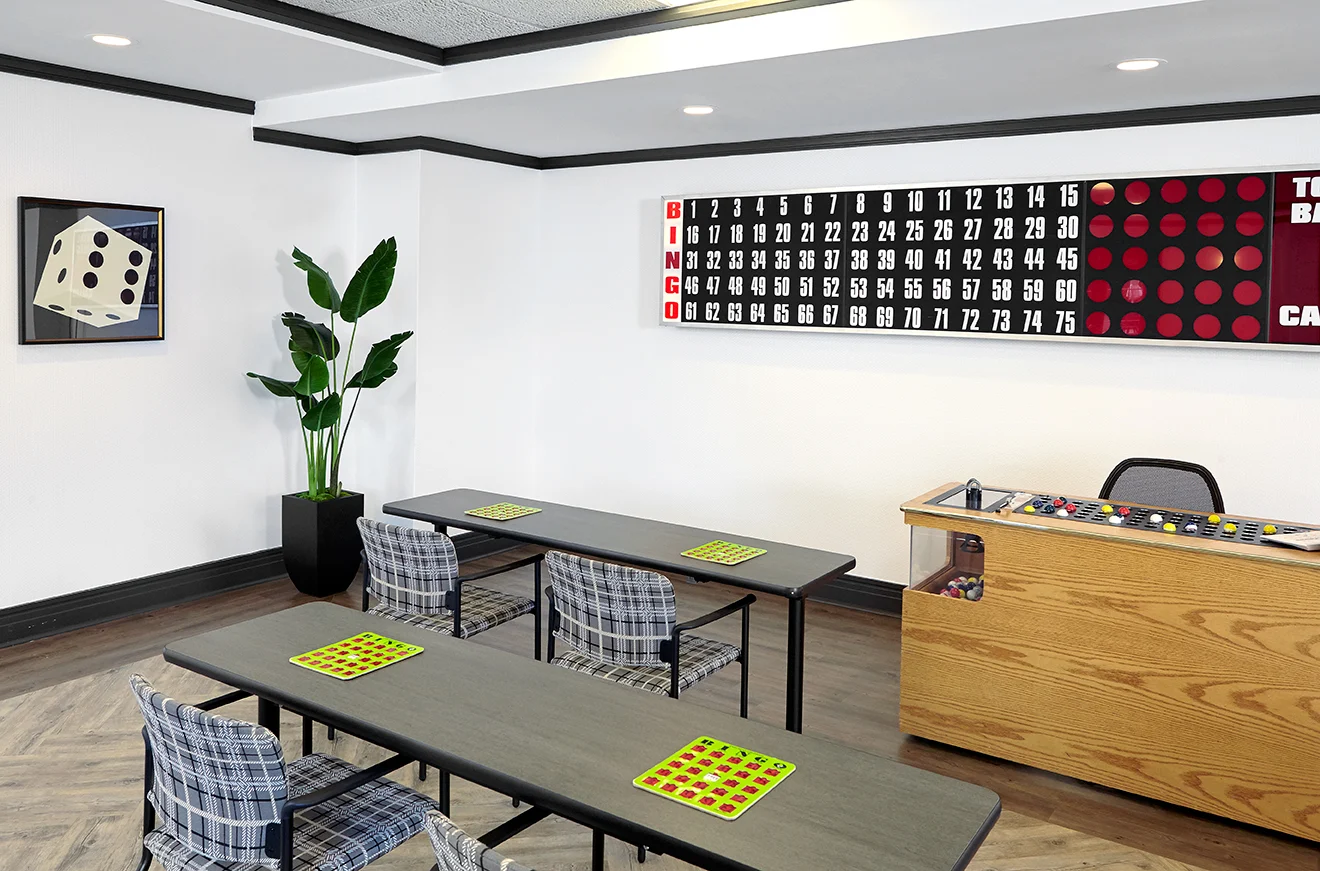 Activity room with tables set for bingo