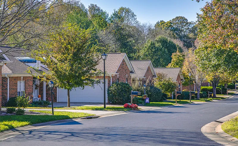Quiet street view of residential buildings in the facility