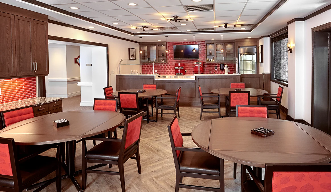 Interior dining area with round tables and modern decor
