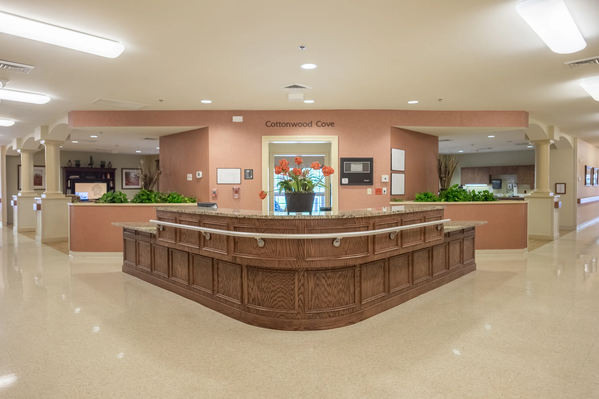 Interior view of the reception area with flowers