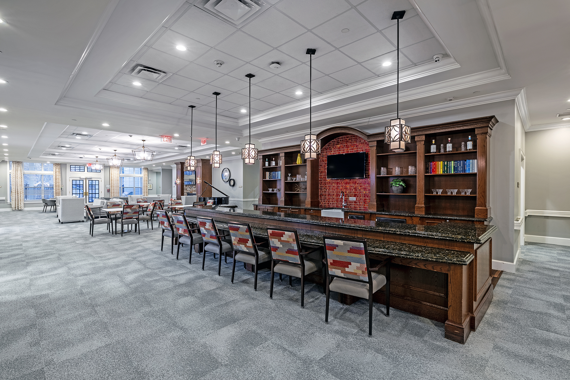 Interior view of a common area with a bar counter