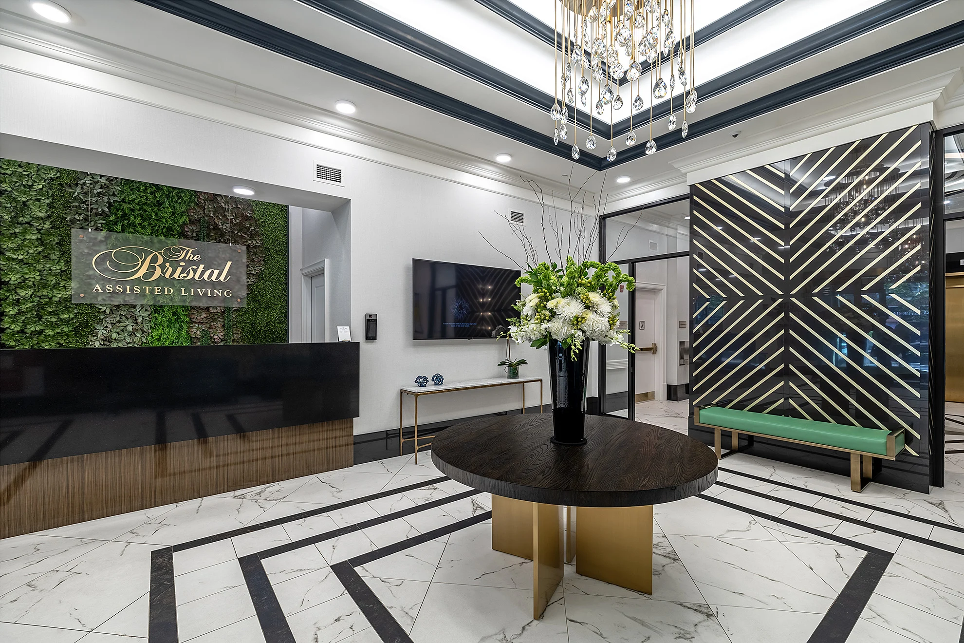 Luxurious lobby with a modern design and floral centerpiece