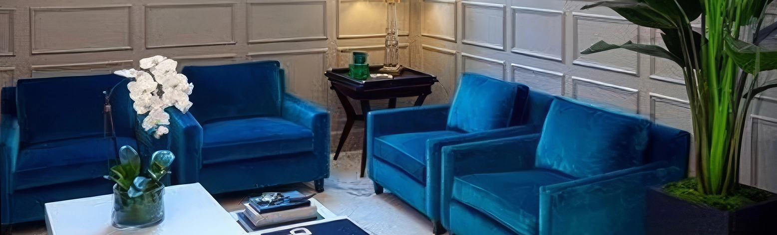 Cozy interior lounge with blue sofas and decorative plants