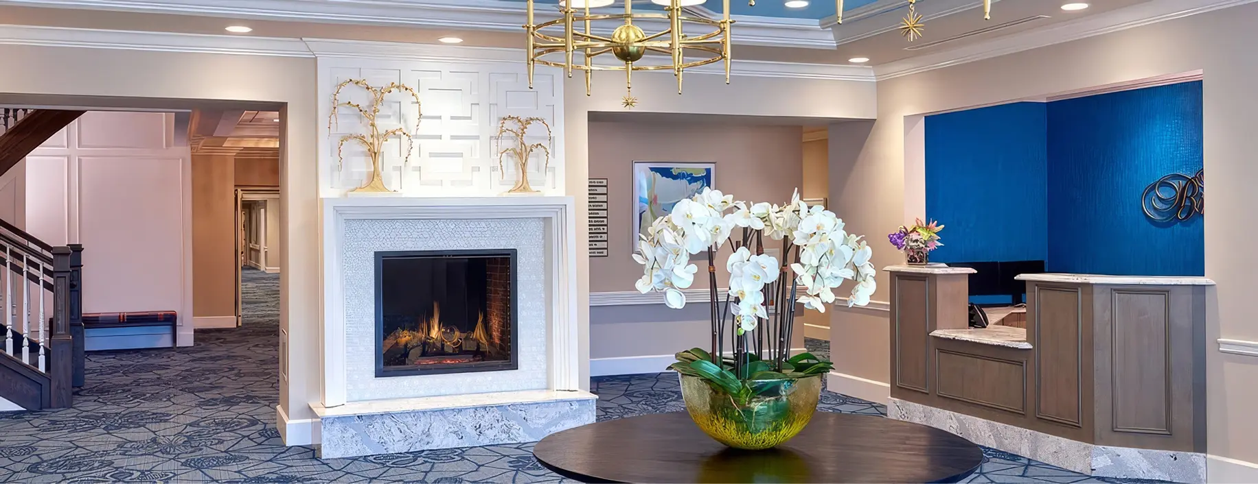 Interior lobby with elegant decor and fireplace