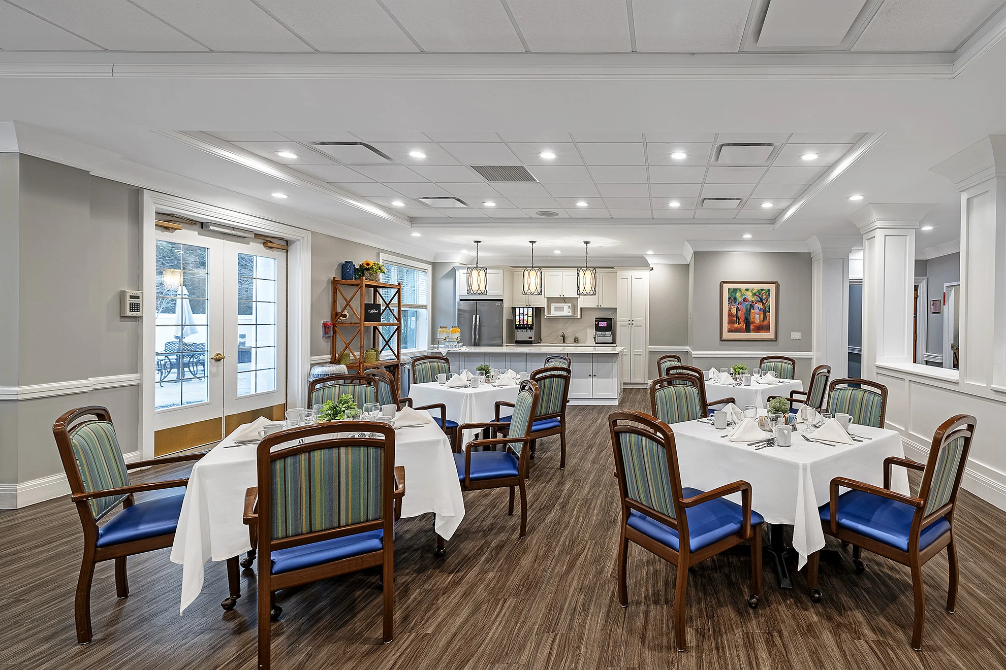 Bright dining room with neatly set tables