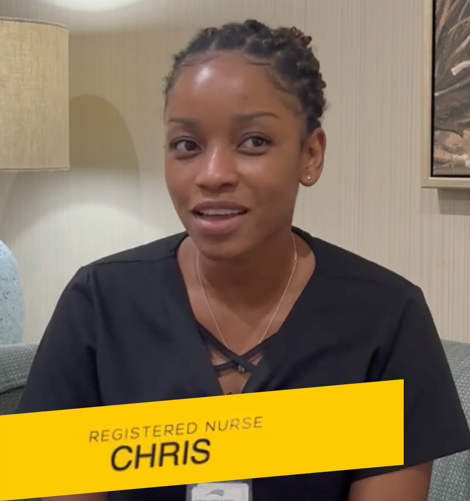 Registered nurse Chris speaking in a cozy interior space
