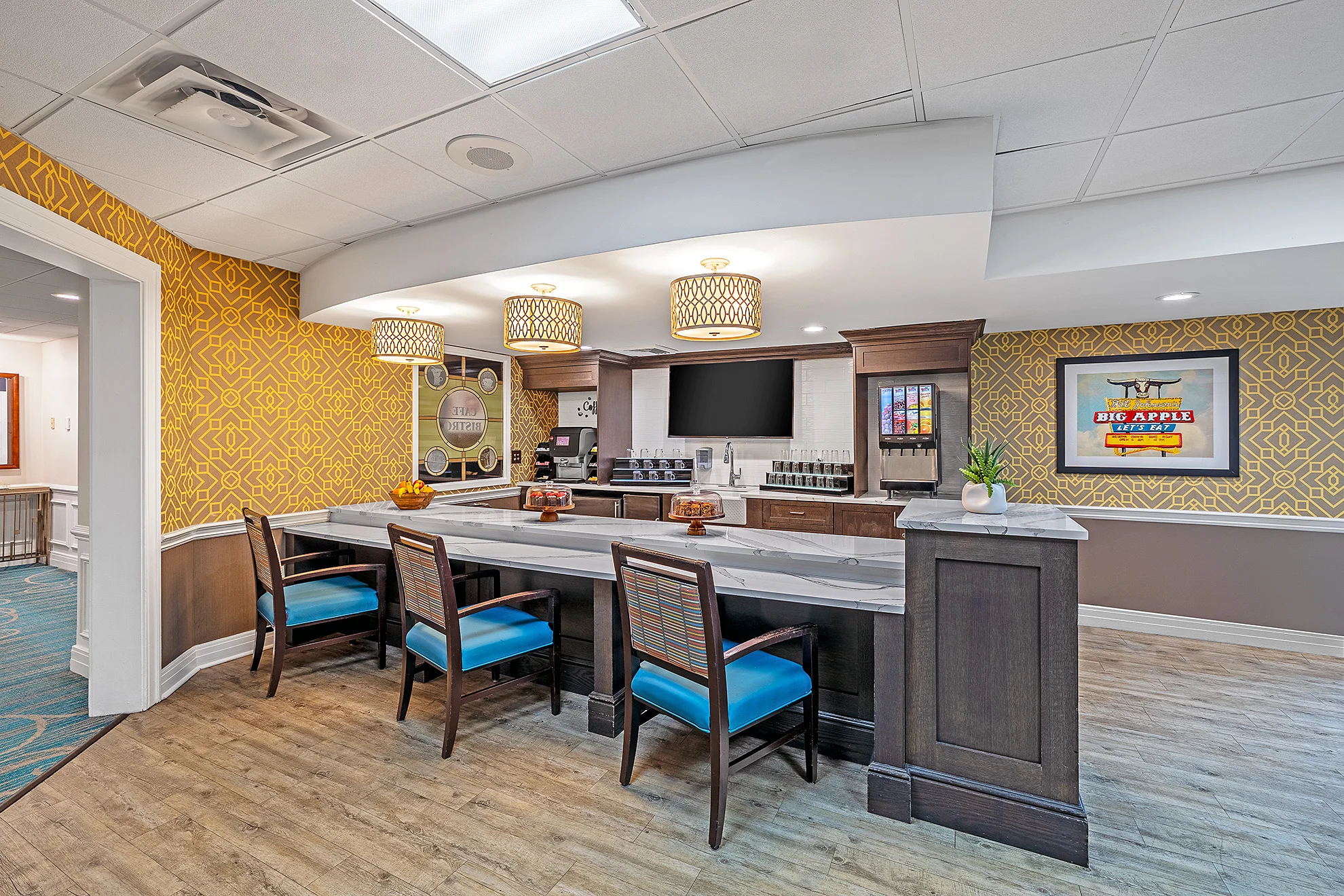 Bright common area with seating and decor