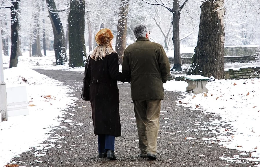 Couple walking hand-in-hand in a snowy park