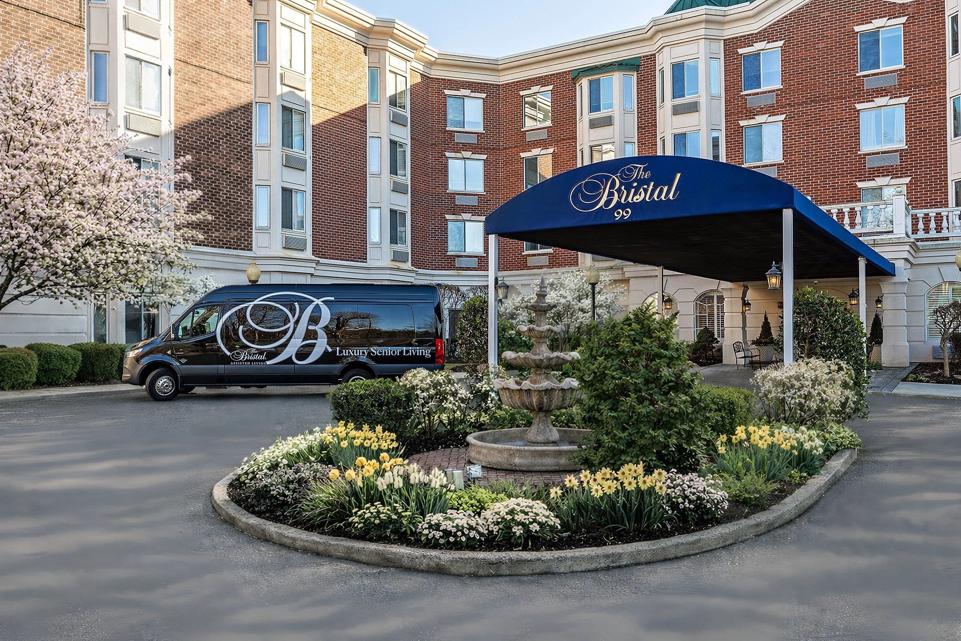Entrance of The Bristal Assisted Living with flowers and a shuttle van