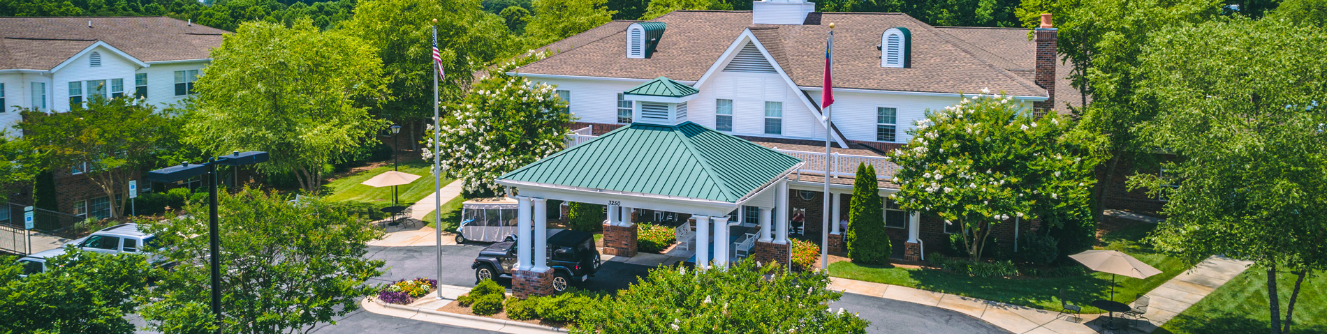 Aerial view of the Homestead Hills facility with façade and entrance