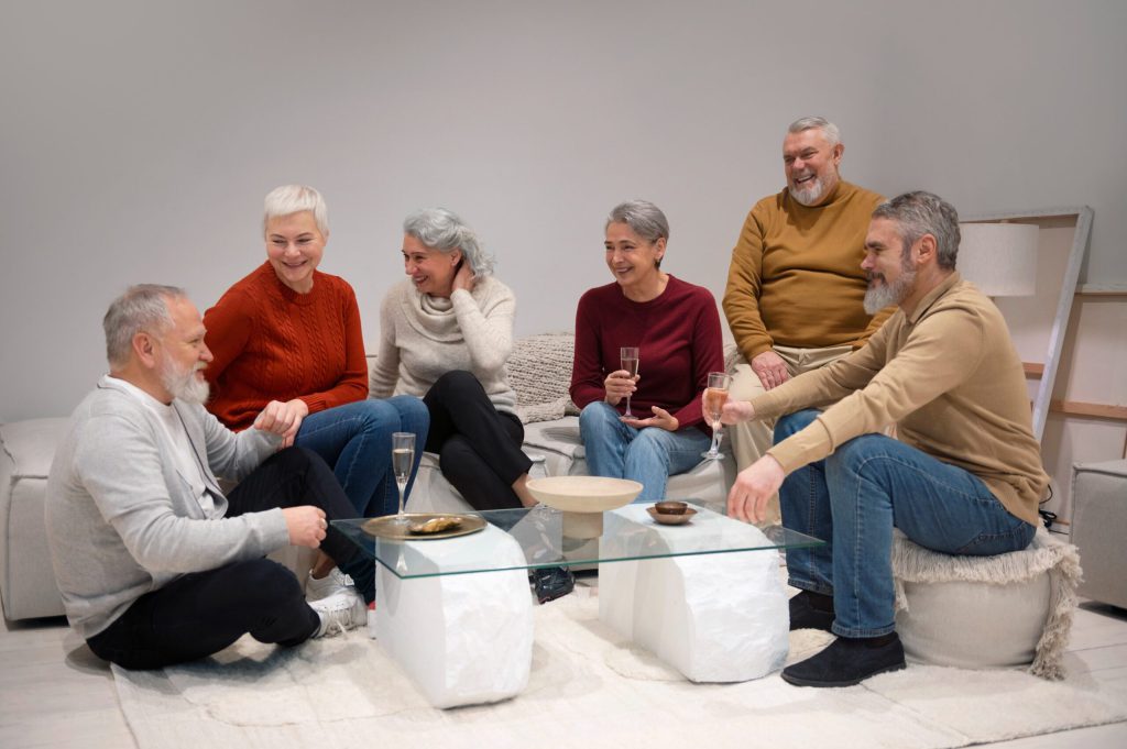 A group of seniors enjoying a social gathering indoors.