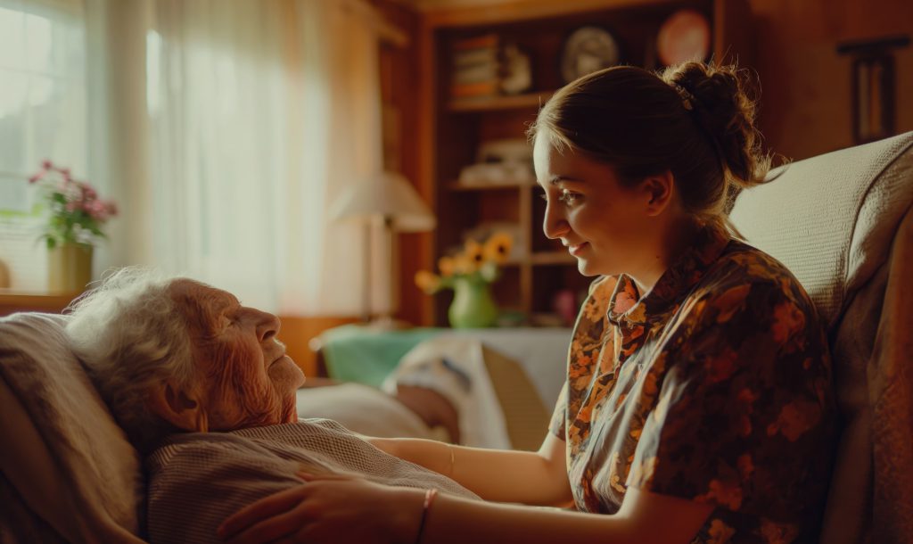 Caregiver interacting with elder resident in a cozy living space.