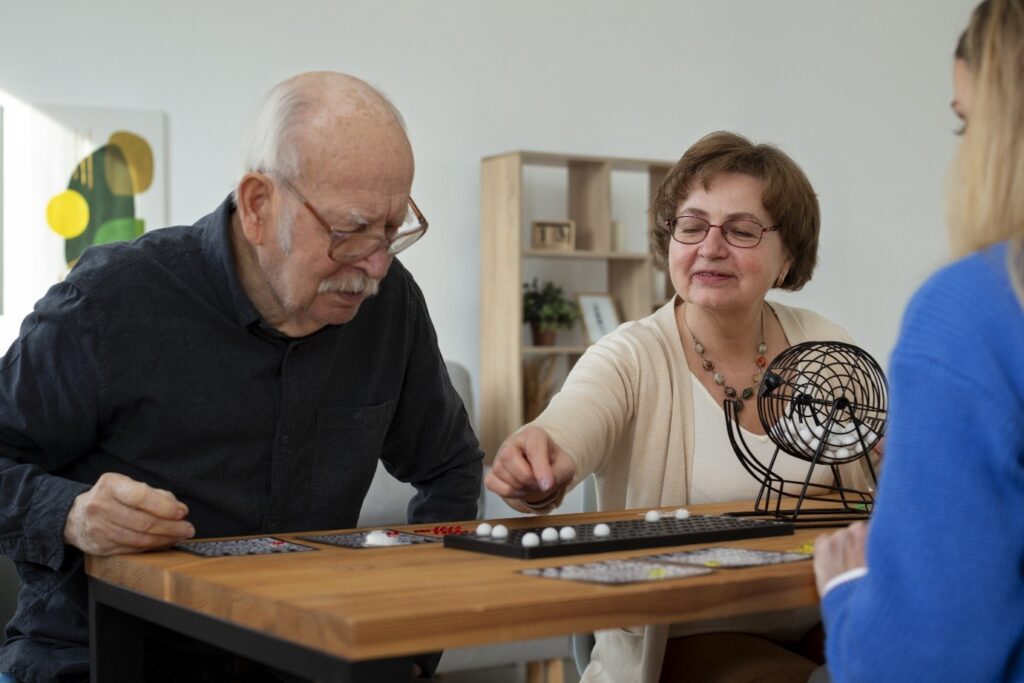 Seniors engaging in a bingo game