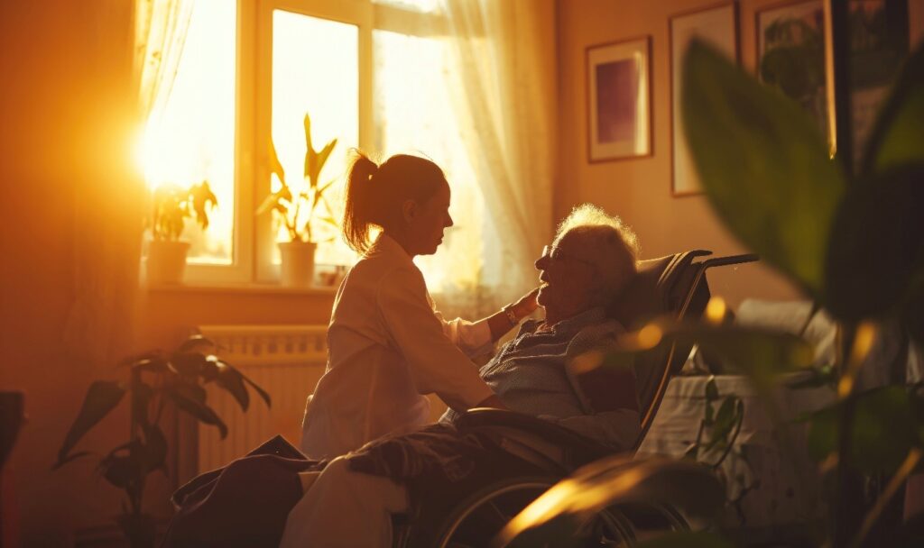 A caregiver interacting with an elderly resident in a warm setting.