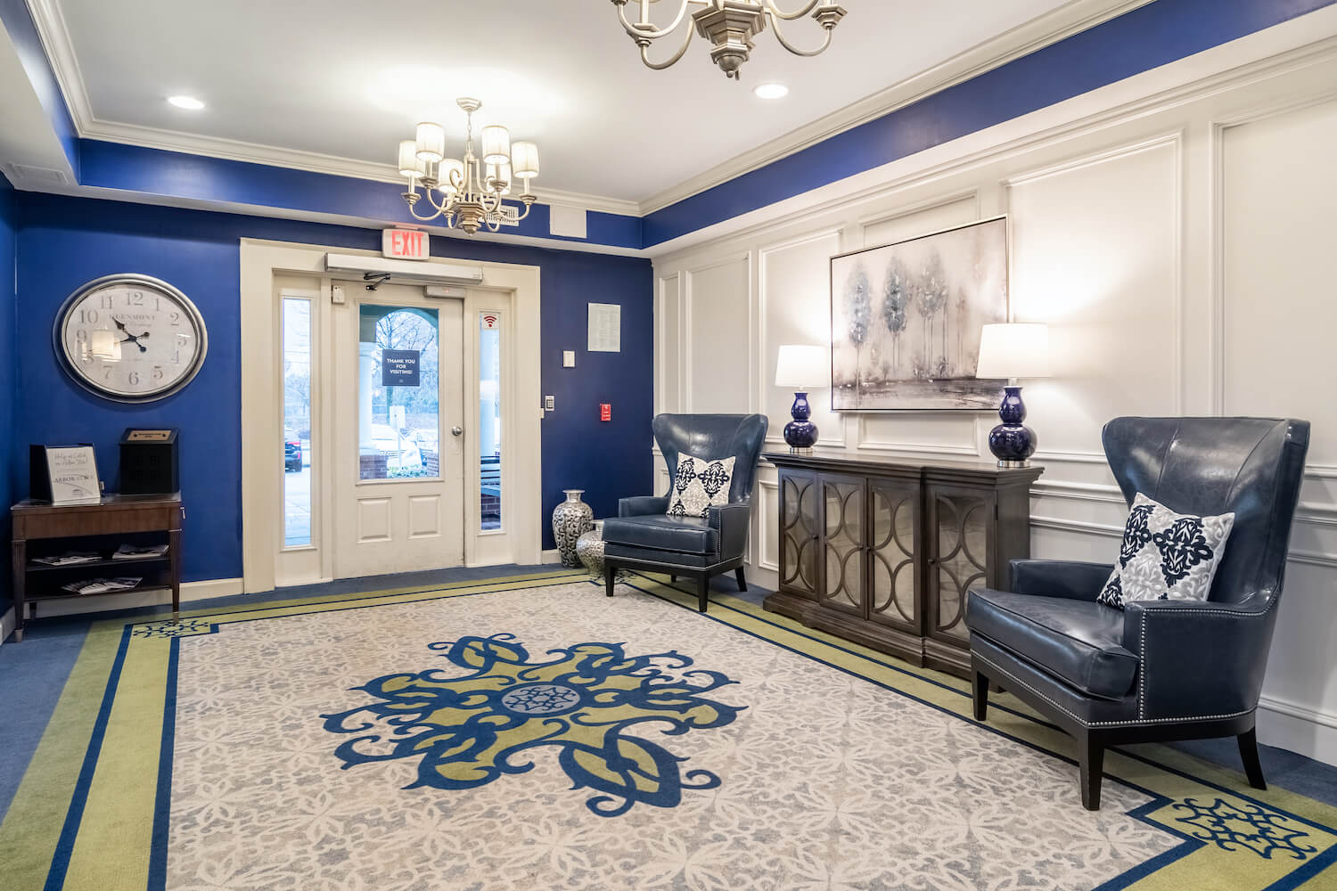 Bright lobby area with comfortable seating and decor