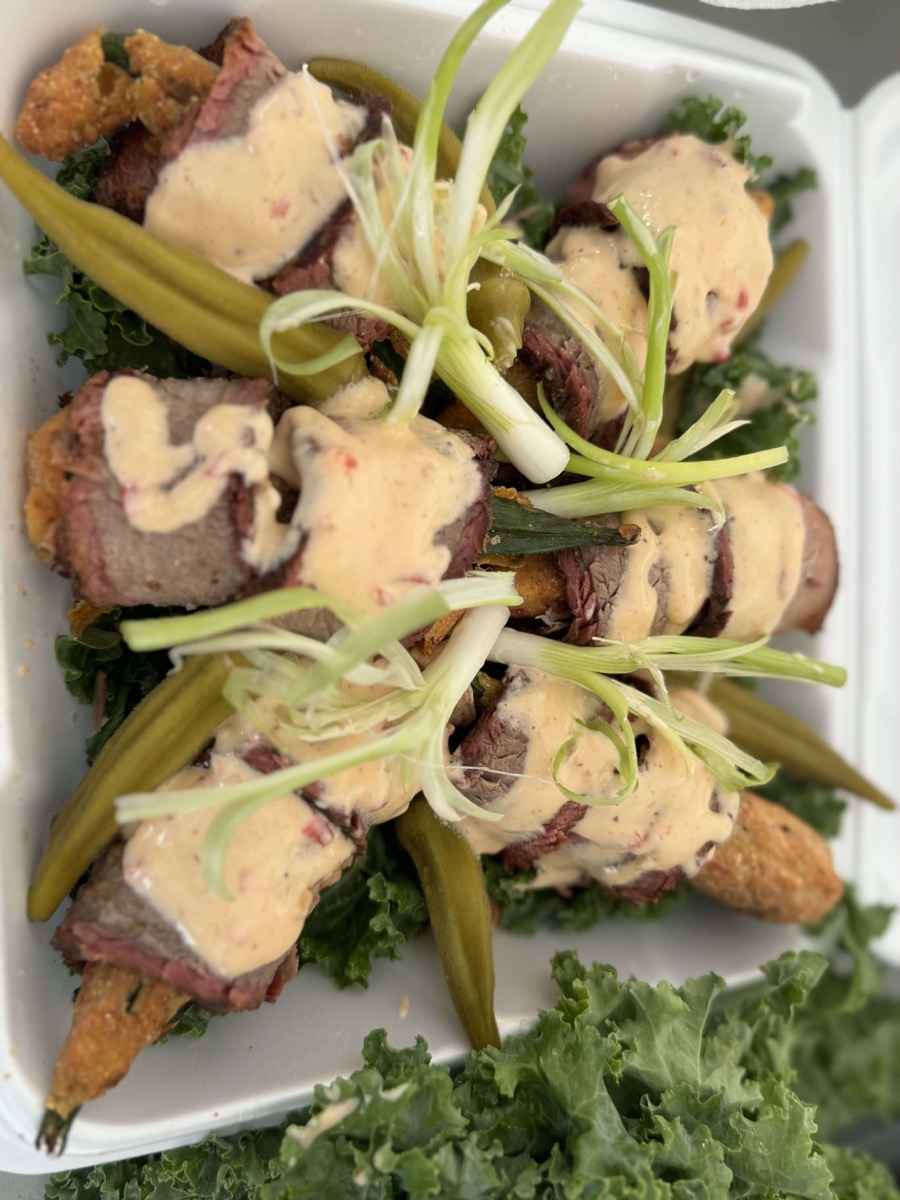 Gourmet meal presentation with meat and vegetables