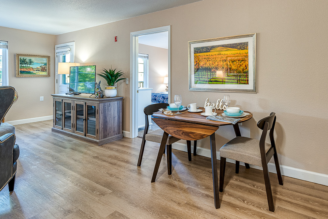 Cozy dining area in a resident room featuring elegant decor