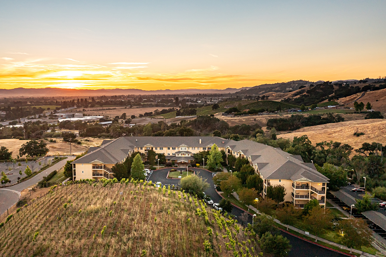 Aerial view of Solstice Senior Living at sunset