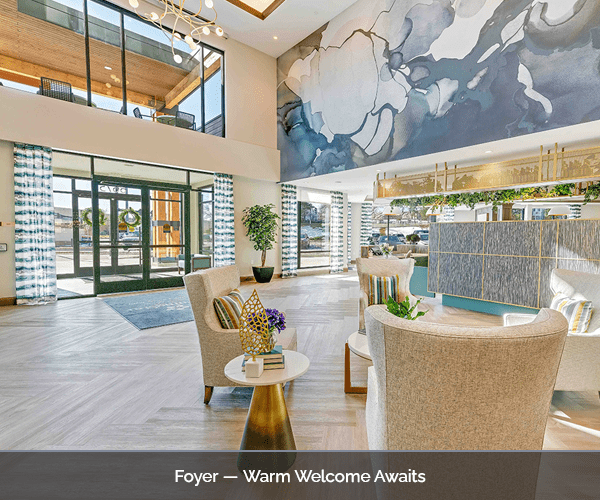 Bright foyer with modern seating and artistic decor