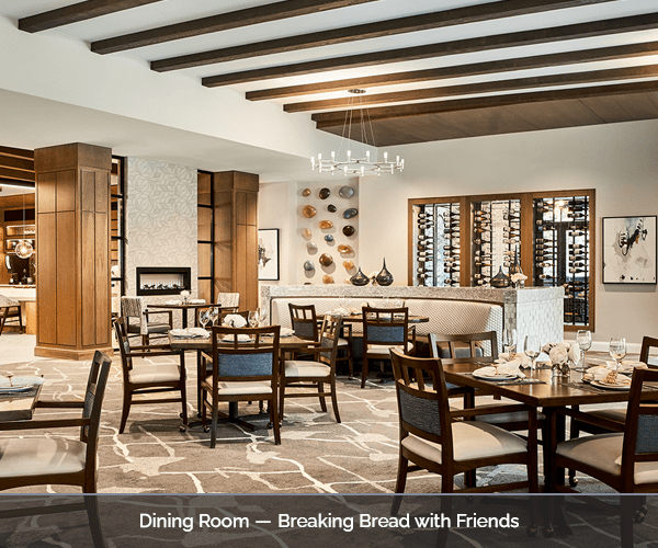 Dining area set up for a meal with residents