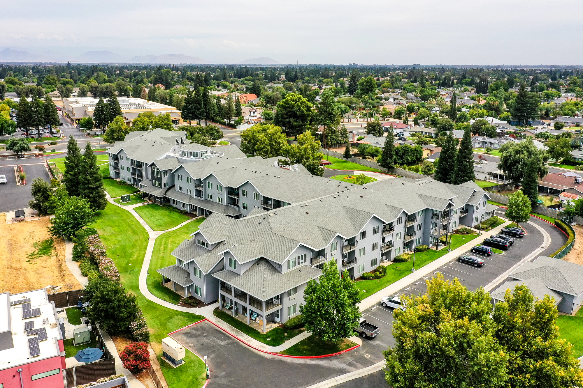 Aerial view of the exterior of a senior living facility