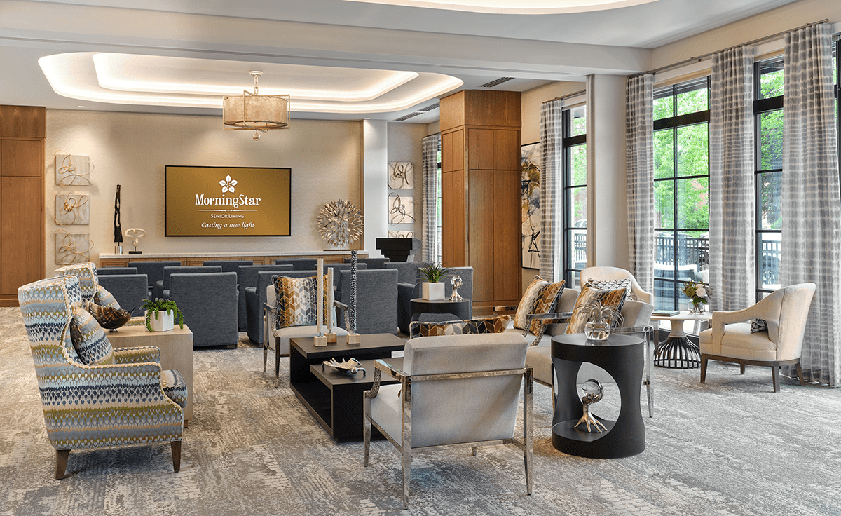 Interior view of a modern lobby area in a senior living facility