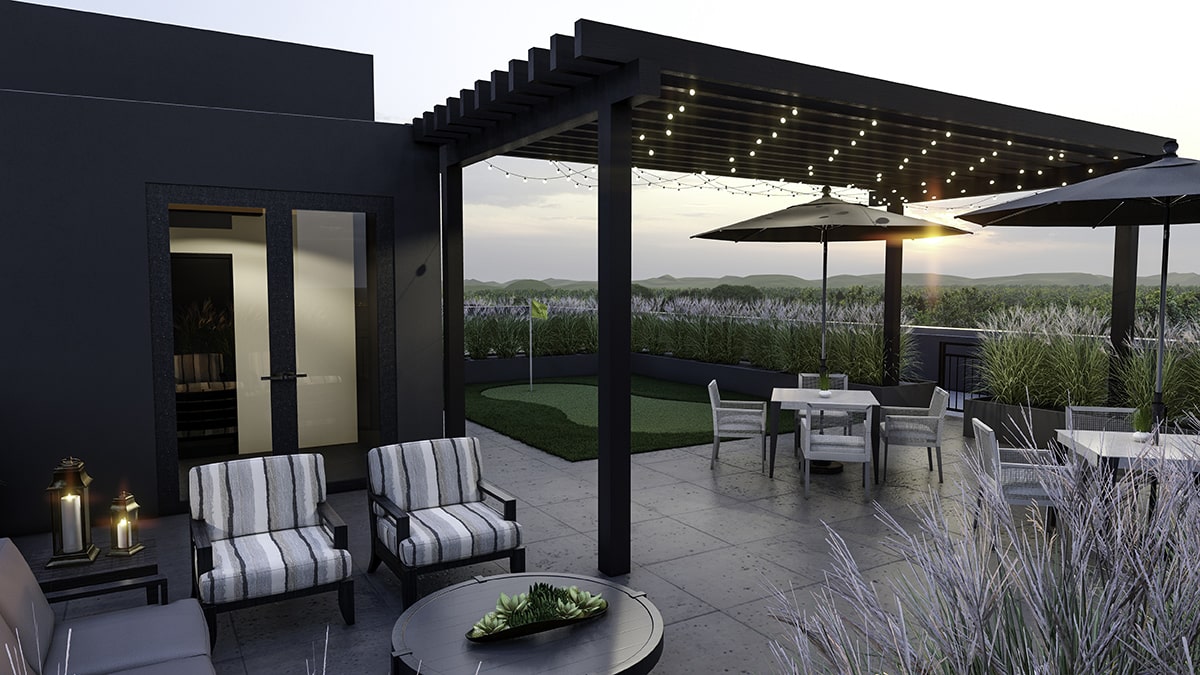 Outdoor patio area with seating and landscaping