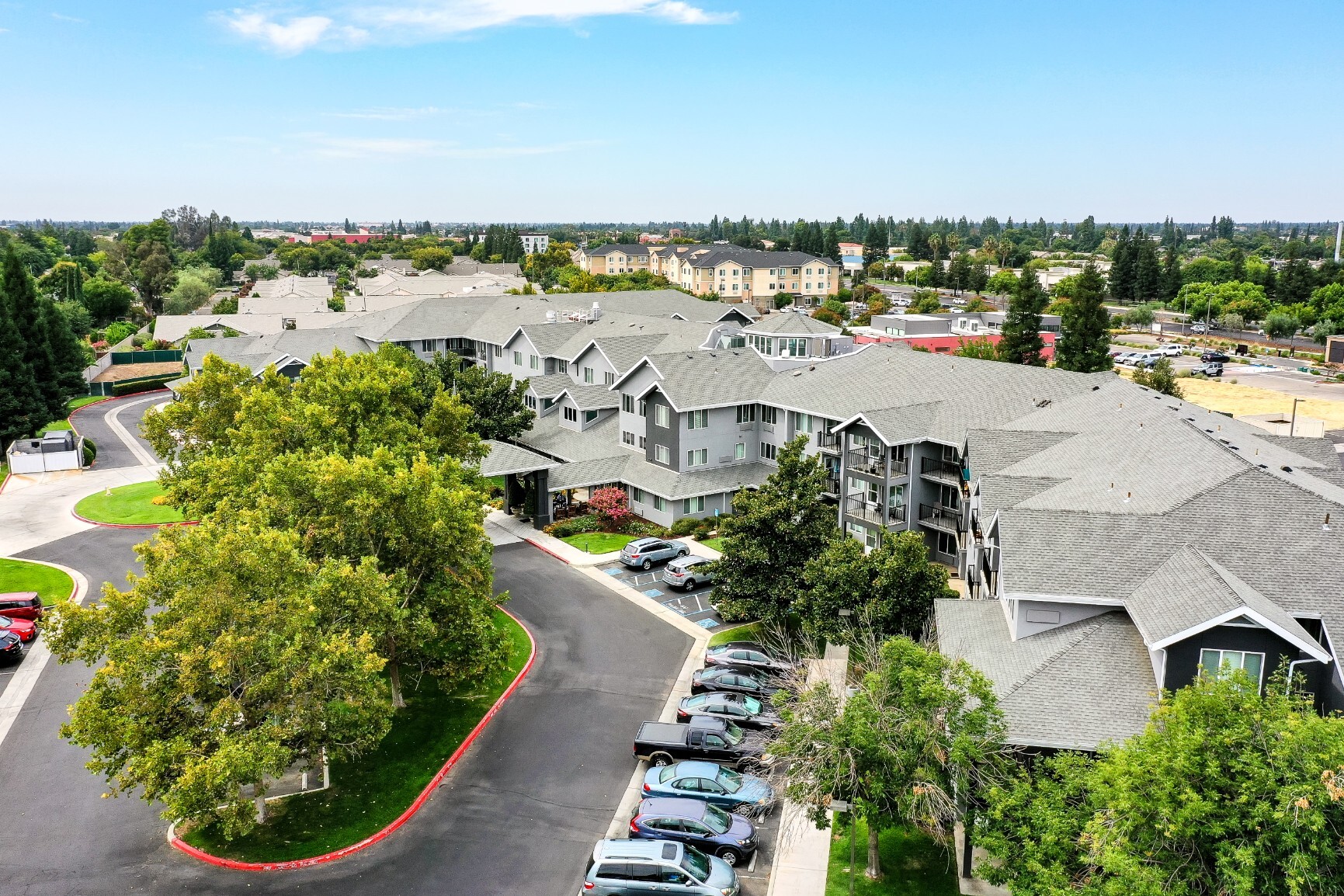 Aerial view of the exterior of the senior living facility