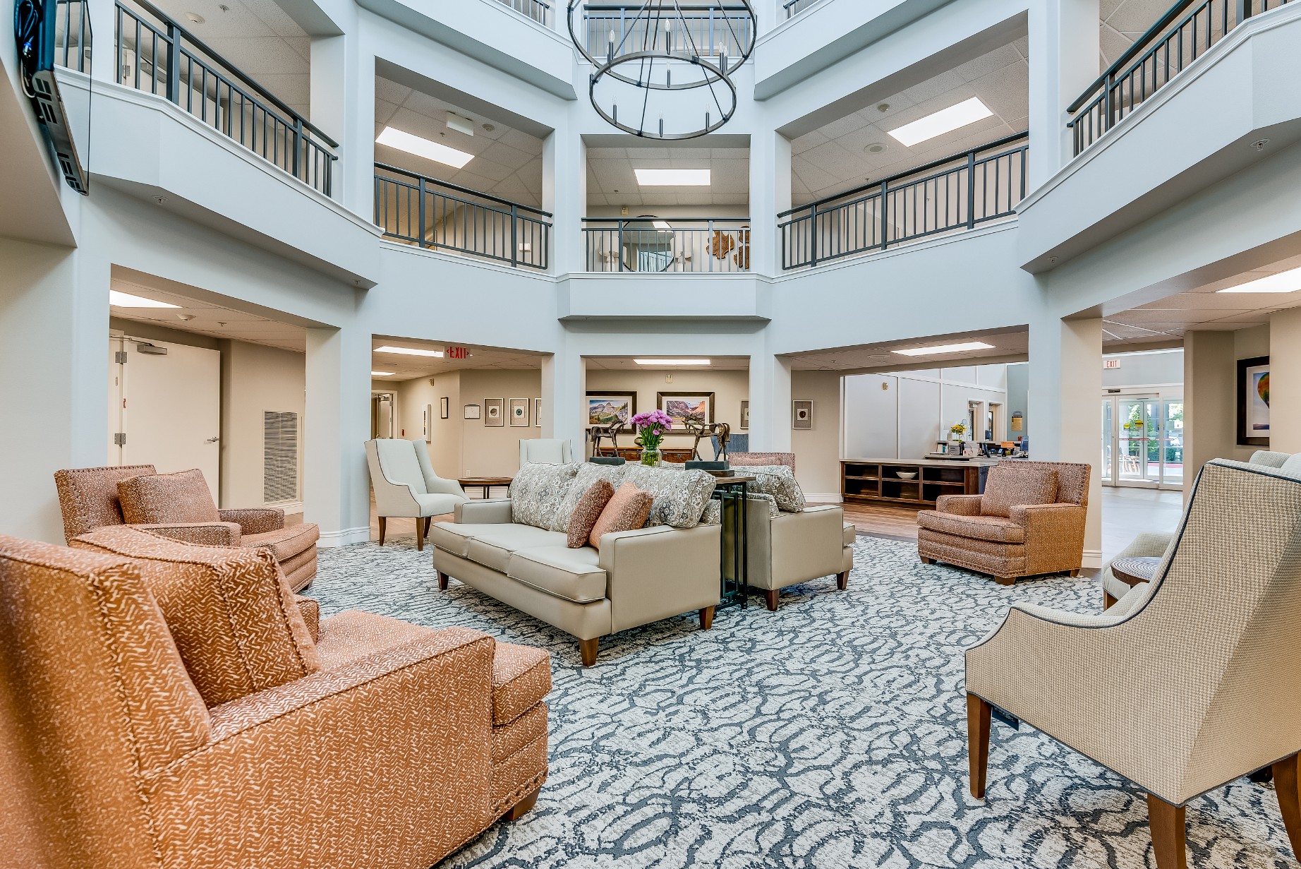 Interior view of a common area with seating