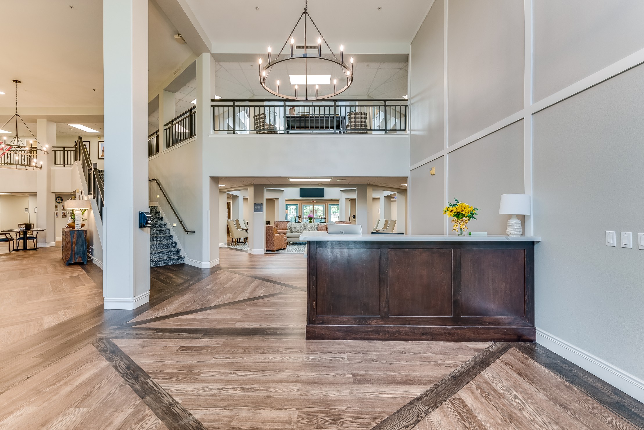 Bright lobby area with a reception desk