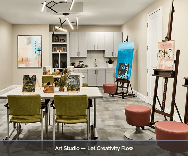Art studio with paintings and easels