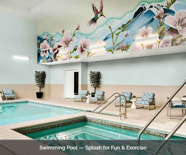 Stylish swimming pool area with artistic mural