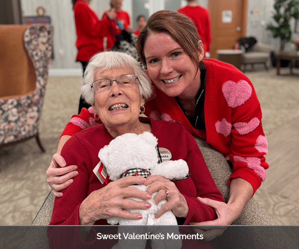 Resident and staff member celebrating Valentine's Day