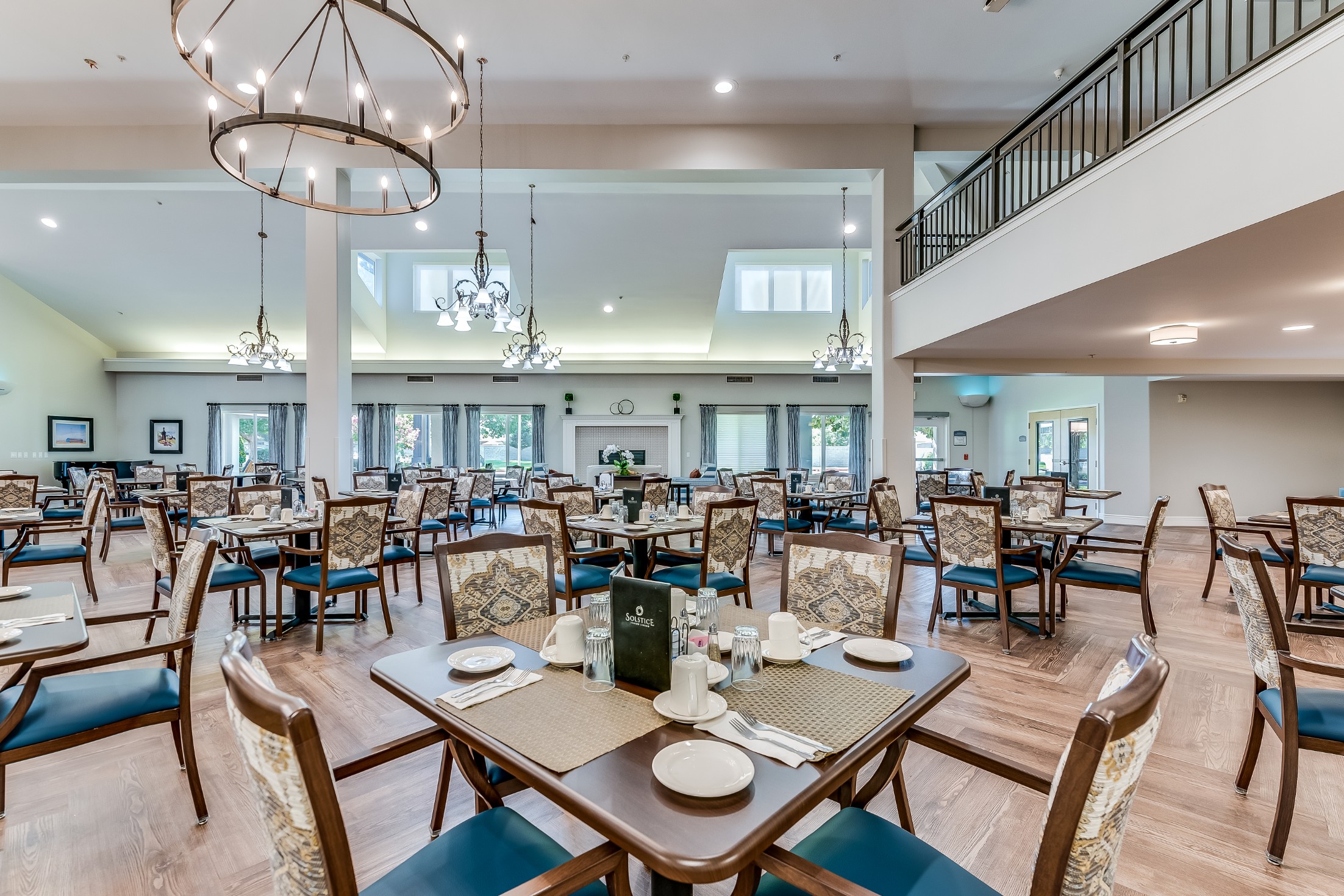 Dining room with tables set for meals