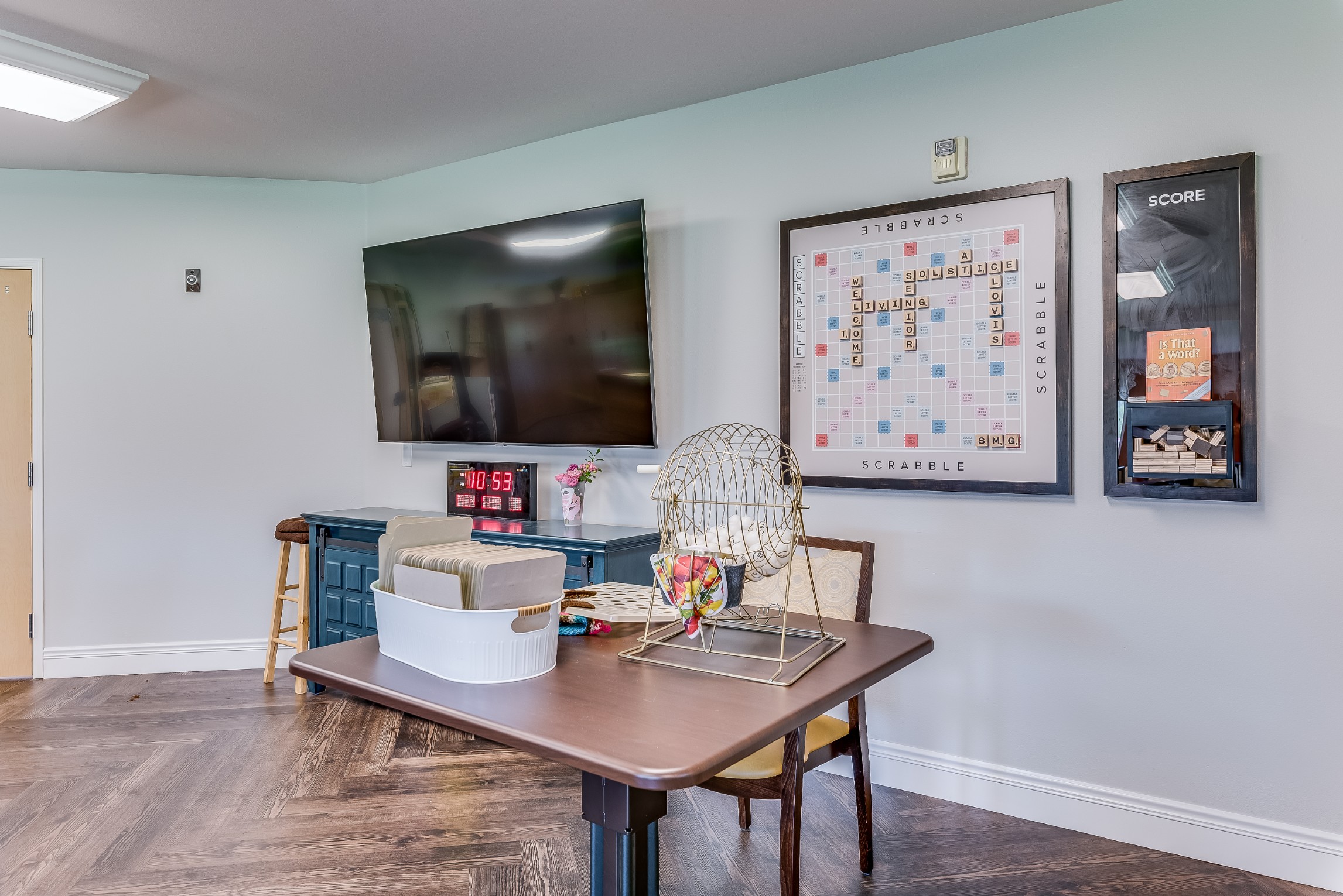 Interior activity room with game equipment