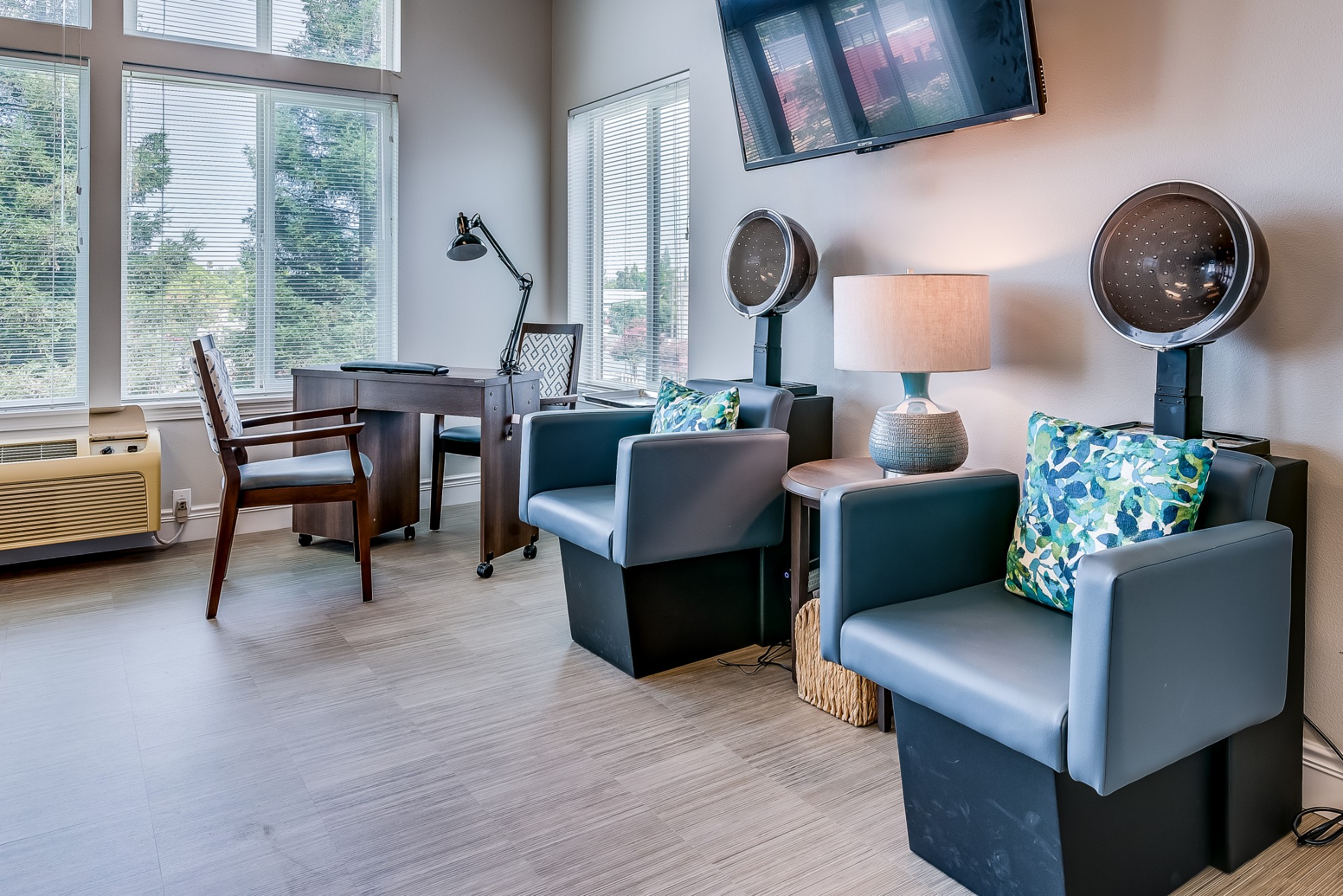 Interior view of a salon area with seating