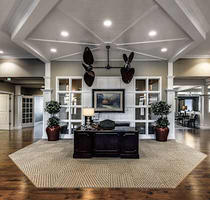 Interior lobby area with open space and reception desk