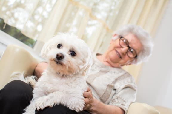 Senior woman smiling with a small dog in her lap