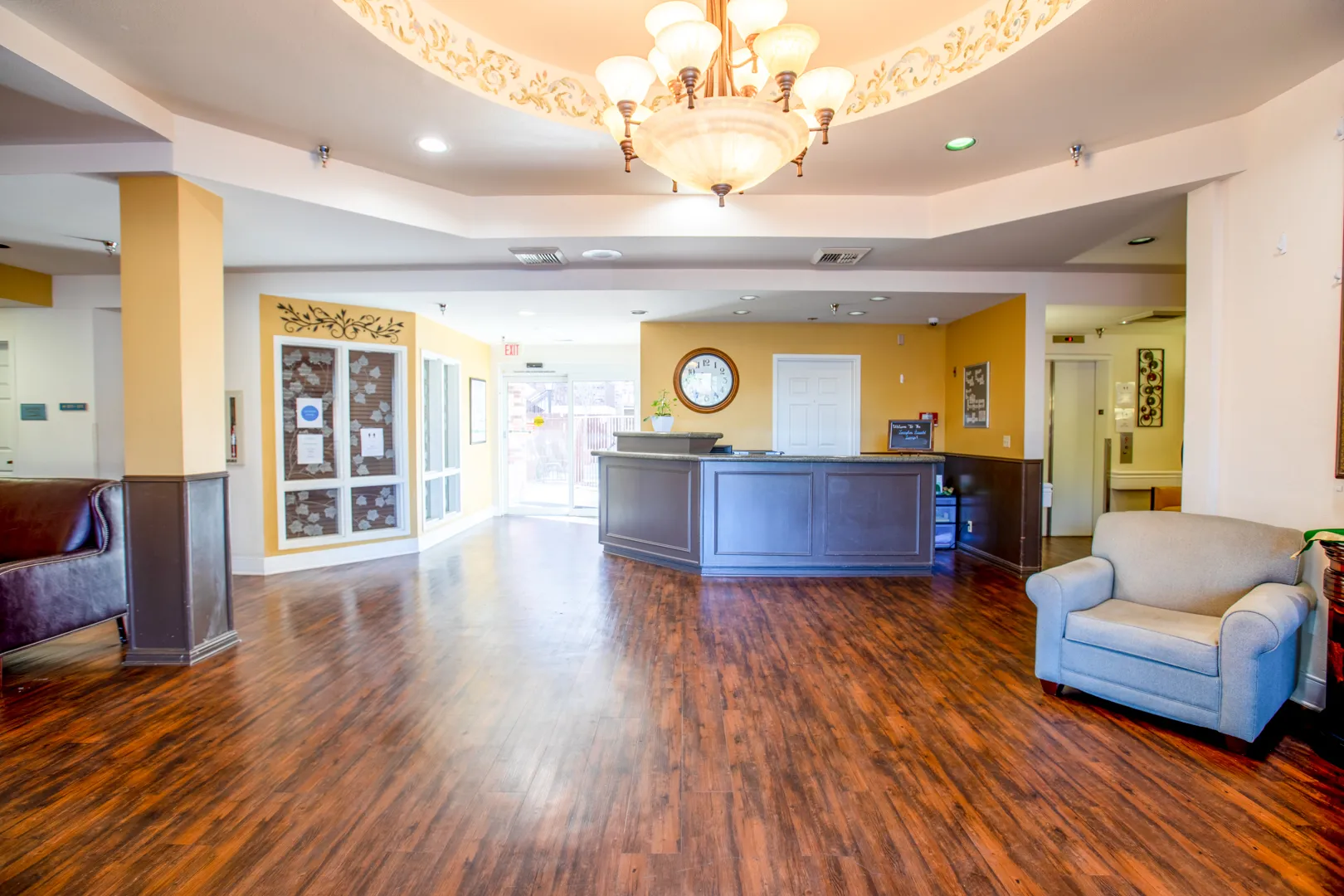 Bright lobby area of an assisted living facility