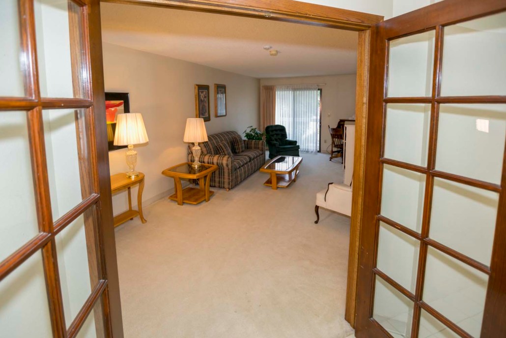 Bright and inviting living room of a senior facility apartment