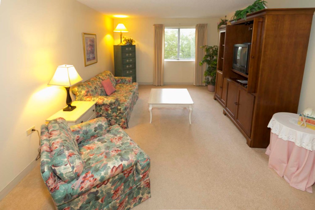 Cozy interior living space with floral sofas and a TV