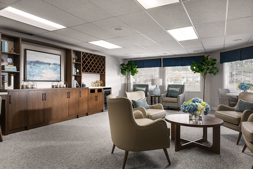 A cozy common area with seating and decorative elements