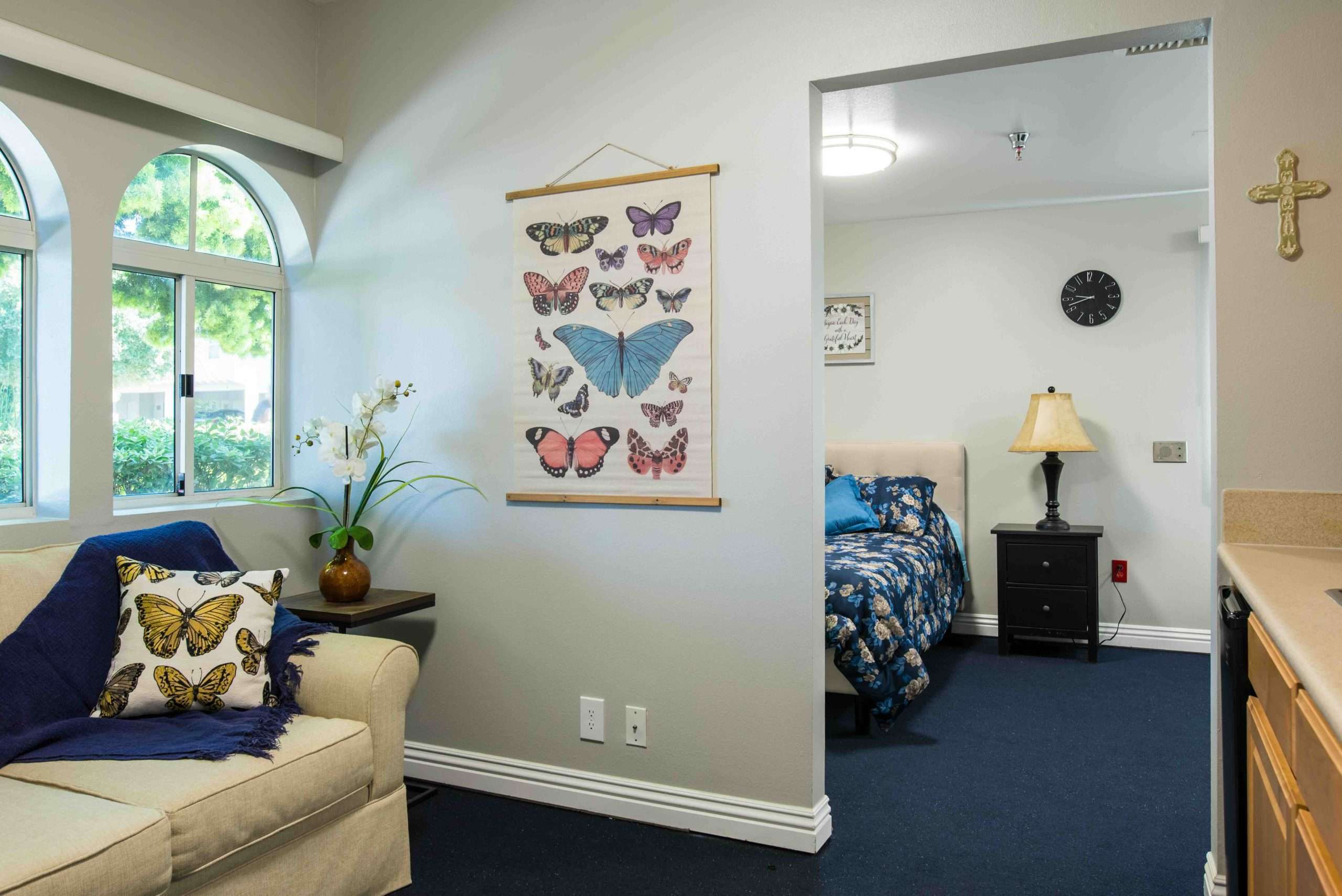 Comfortable living space with butterfly decor and a cozy atmosphere