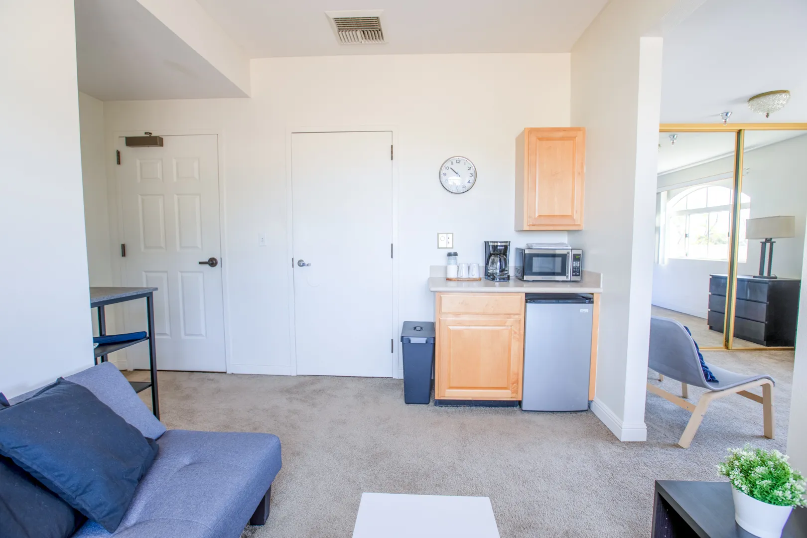 Interior view of a private resident room with amenities